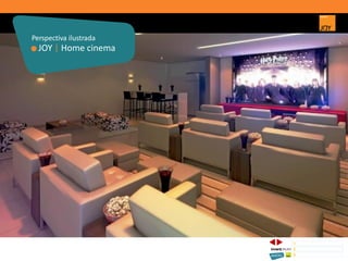 JOY | Home cinema
Perspectiva ilustrada
1 CONCEITO JOY/ IMPLANTAÇÃO
2 PERSPECTIVAS ILUSTRADAS
3 PLANTAS
Memorial de Incorporação registrado sob o R.2 da matrícula 207.236, em 30/09/2010, em processo de retificação junto ao Cartório de Registro de Imóveis da 1ª Circunscrição de Goiânia, Goiás. As unidades
somente serão comercializadas após tal retificação. *Os materiais, equipamentos, cores e vegetações do projeto de paisagismo e das áreas comuns poderão sofrer pequenas alterações em função da
disponibilidade do mercado. MATERIAL PROVISÓRIO DE USO INTERNO DO CORRETOR.
 