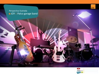JOY | Palco garage band
Perspectiva ilustrada
1 CONCEITO JOY/ IMPLANTAÇÃO
2 PERSPECTIVAS ILUSTRADAS
3 PLANTAS
Memorial de Incorporação registrado sob o R.2 da matrícula 207.236, em 30/09/2010, em processo de retificação junto ao Cartório de Registro de Imóveis da 1ª Circunscrição de Goiânia, Goiás. As unidades
somente serão comercializadas após tal retificação. *Os materiais, equipamentos, cores e vegetações do projeto de paisagismo e das áreas comuns poderão sofrer pequenas alterações em função da
disponibilidade do mercado. MATERIAL PROVISÓRIO DE USO INTERNO DO CORRETOR.
 