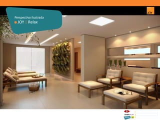 JOY | Relax
Perspectiva ilustrada
1 CONCEITO JOY/ IMPLANTAÇÃO
2 PERSPECTIVAS ILUSTRADAS
3 PLANTAS
Memorial de Incorporação registrado sob o R.2 da matrícula 207.236, em 30/09/2010, em processo de retificação junto ao Cartório de Registro de Imóveis da 1ª Circunscrição de Goiânia, Goiás. As unidades
somente serão comercializadas após tal retificação. *Os materiais, equipamentos, cores e vegetações do projeto de paisagismo e das áreas comuns poderão sofrer pequenas alterações em função da
disponibilidade do mercado. MATERIAL PROVISÓRIO DE USO INTERNO DO CORRETOR.
 