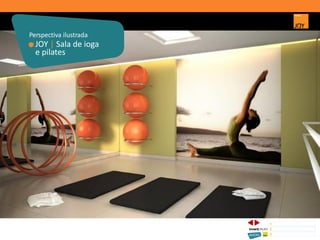 JOY | Sala de ioga
e pilates
Perspectiva ilustrada
1 CONCEITO JOY/ IMPLANTAÇÃO
2 PERSPECTIVAS ILUSTRADAS
3 PLANTAS
Memorial de Incorporação registrado sob o R.2 da matrícula 207.236, em 30/09/2010, em processo de retificação junto ao Cartório de Registro de Imóveis da 1ª Circunscrição de Goiânia, Goiás. As unidades
somente serão comercializadas após tal retificação. *Os materiais, equipamentos, cores e vegetações do projeto de paisagismo e das áreas comuns poderão sofrer pequenas alterações em função da
disponibilidade do mercado. MATERIAL PROVISÓRIO DE USO INTERNO DO CORRETOR.
 