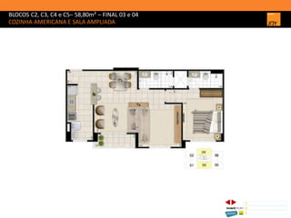 BLOCOS C2, C3, C4 e C5– 58,80m² – FINAL 03 e 04
COZINHA AMERICANA E SALA AMPLIADA
1 CONCEITO JOY/ IMPLANTAÇÃO
2 PERSPECTIVAS ILUSTRADAS
3 PLANTAS
Memorial de Incorporação registrado sob o R.2 da matrícula 207.236, em 30/09/2010, em processo de retificação junto ao Cartório de Registro de Imóveis da 1ª Circunscrição de Goiânia, Goiás. As unidades
somente serão comercializadas após tal retificação. *Os materiais, equipamentos, cores e vegetações do projeto de paisagismo e das áreas comuns poderão sofrer pequenas alterações em função da
disponibilidade do mercado. MATERIAL PROVISÓRIO DE USO INTERNO DO CORRETOR.
 