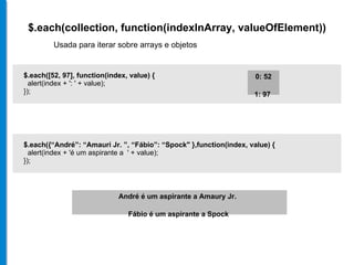 $.each(collection, function(indexInArray, valueOfElement)) $.each([52, 97], function(index, value) {  alert(index + ': ' + value);  }); Usada para iterar sobre arrays e objetos 0: 52 1: 97   André é um aspirante a Amaury Jr.  Fábio é um aspirante a Spock   $.each({“André”: “Amauri Jr. ”, “Fábio”: “Spock" },function(index, value) {  alert(index + 'é um aspirante a  ' + value);  }); 