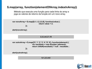 $.map(array, function(elementOfArray,indexInArray)) Método que executa uma função para cada linha do array e  joga os valores de retorno da função em um novo array. var novoArray = $.map([0,1,1,2,3,5,8], function(value) {  return value + 2; }); alert(novoArray); 2,3,3,4,5,7,10 var outroArray = $.map(['0','1','2','3','4','S','6'], function(element) {  var resultado = new Number (element); return isNaN(resultado) ? null : resultado ; }); alert(outroArray); 0,1,2,3,4,6 