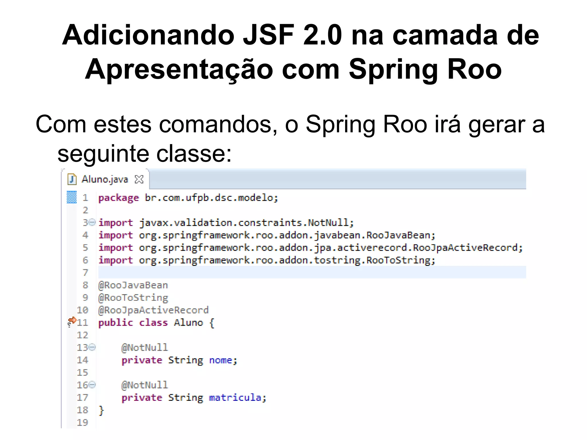 Adicionando JSF 2.0 na camada de
   Apresentação com Spring Roo
Com estes comandos, o Spring Roo irá gerar a
 seguinte classe:
 