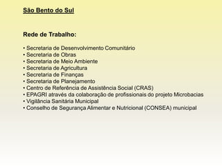 São Bento do Sul


Rede de Trabalho:

• Secretaria de Desenvolvimento Comunitário
• Secretaria de Obras
• Secretaria de Meio Ambiente
• Secretaria de Agricultura
• Secretaria de Finanças
• Secretaria de Planejamento
• Centro de Referência de Assistência Social (CRAS)
• EPAGRI através da colaboração de profissionais do projeto Microbacias
• Vigilância Sanitária Municipal
• Conselho de Segurança Alimentar e Nutricional (CONSEA) municipal
 