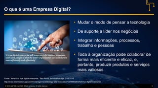 © 2016 SAP SE or an SAP affiliate company. All rights reserved. 5
O que é uma Empresa Digital?
• Mudar o modo de pensar a tecnologia
• De suporte a líder nos negócios
• Integrar informações, processos,
trabalho e pessoas
• Toda a organização pode colaborar de
forma mais eficiente e eficaz, e,
portanto, produzir produtos e serviços
mais valiosos
Fonte: “What is a true digital enterprise,” Ben Rossi, Information Age, 2/16/2016
http://www.information-age.com/it-management/strategy-and-innovation/123459026/what-true-digital-enterprise
 