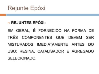 Rejunte Epóxi


REJUNTES EPÓXI:

EM GERAL, É FORNECIDO NA FORMA DE
TRÊS

COMPONENTES

QUE

DEVEM

SER

MISTURADOS IMEDIATAMENTE ANTES DO
USO: RESINA, CATALISADOR E AGREGADO

SELECIONADO.

 