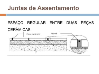 Juntas de Assentamento
ESPAÇO REGULAR ENTRE DUAS PEÇAS
CERÂMICAS.

 