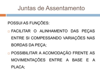 Juntas de Assentamento
POSSUI AS FUNÇÕES:


FACILITAR O ALINHAMENTO DAS PEÇAS
ENTRE SI COMPESSANDO VARIAÇÕES NAS
BORDAS DA PEÇA;



POSSIBILITAR A ACOMODAÇÃO FRENTE AS

MOVIMENTAÇÕES ENTRE A BASE E A
PLACA;

 