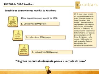 FUNDOS de OURO Karatbars 
Beneficie-se do movimento mundial da Karatbars 
1% de depósitos únicos a partir de 500€. 
1.- Linha direta 9000 pontos 
2.- Linha direta 9000 pontos 
3.- Linha direta 9000 pontos 
1% de todo o ouro vendido 
em compras de pagamento 
único, é transferido para o 
fundo “Karatbars Gold 
Fondos”. Todas as compras 
de pagamento único a partir 
de 500 Euros, do mercado 
mundial, se contabiliza no 
correspondente ciclo mensal. 
Os beneficiários são todas as 
pessoas que possuem 3 
linhas diretas com – pelo 
menos – 9000 pontos em 
cada uma delas. Todos os 
beneficiários têm 
participações neste fundo. 
“Lingotes de ouro diretamente para a sua conta de ouro” 
 