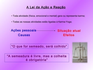 A Lei da Ação e Reação

  • Toda atividade (física, emocional e mental) gera ou representa karma;

  • Todas as nossas atividades estão ligadas à Karma-Yoga;


  Ações pessoais                              Situação atual
     Causas                                       Efeitos


  “O que for semeado, será colhido”


“A semeadura é livre, mas a colheita
          é obrigatória”
 