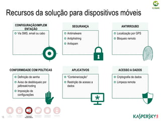 Infraestrutura
Recursos da solução para dispositivos móveis
Via SMS, email ou cabo
CONFIGURAÇÃO/IMPLEM
ENTAÇÃO
Antimalware
Antiphishing
Antispam
SEGURANÇA
Localização por GPS
Bloqueio remoto
ANTIRROUBO
Definição de senha
Aviso de desbloqueio por
jailbreak/rooting
Imposição de
configurações
CONFORMIDADE COM POLÍTICAS
“Conteinerização”
Restrição de acesso a
dados
APLICATIVOS
Criptografia de dados
Limpeza remota
ACESSO A DADOS
16
CRIPTOGRAFIA
DE DADOS
Segurançade
Dispositivos Móveis
GERENCIAMENTO
DE SISTEMAS
FERRAMENTAS
DE CONTROLE
ANTI
MALWARE
 