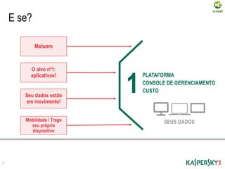 Malware
E se?
Mobilidade / Traga
seu próprio
dispositivo
Seu dados estão
em movimento!
O alvo nº1:
aplicativos!
7
SEUS DADOS
1
PLATAFORMA
CONSOLE DE GERENCIAMENTO
CUSTO
 