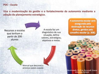 PDE – Escola Visa a modernização da gestão e o fortalecimento da autonomia mediante a adoção do planejamento estratégico.A autonomia escolar será assegurada pela destinação de recursosdiretos, geridos pelo conselho escolar (p. 308).Mestranda Kellcia Rezende Souza  PPGEdu/UFGD