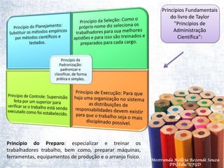 Princípios Fundamentais do livro de Taylor "Princípios de Administração Científica":Princípio do Preparo: especializar e treinar os  trabalhadores trabalho, bem como, preparar máquinas, ferramentas, equipamentos de produção e o arranjo físico.Mestranda Kellcia Rezende Souza  PPGEdu/UFGD