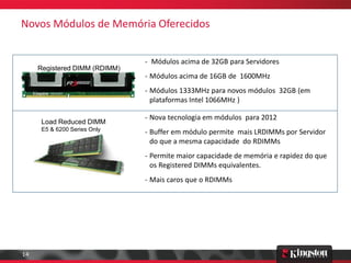 Novos Módulos de Memória Oferecidos


                               - Módulos acima de 32GB para Servidores
     Registered DIMM (RDIMM)
                               - Módulos acima de 16GB de 1600MHz
                               - Módulos 1333MHz para novos módulos 32GB (em
                                 plataformas Intel 1066MHz )

                               - Nova tecnologia em módulos para 2012
      Load Reduced DIMM
      E5 & 6200 Series Only
                               - Buffer em módulo permite mais LRDIMMs por Servidor
                                 do que a mesma capacidade do RDIMMs
                               - Permite maior capacidade de memória e rapidez do que
                                 os Registered DIMMs equivalentes.
                               - Mais caros que o RDIMMs




14
 