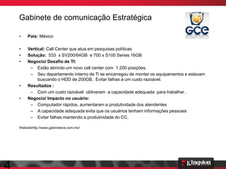 Gabinete de comunicação Estratégica

•    País: México

•    Vertical: Call Center que atua em pesquisas políticas
•    Solução: 533 x SV200/64GB e 700 x S100 Series 16GB
•    Negocio/ Desafio de TI:
      – Estão abrindo um novo call center com 1.200 posições.
      – Seu departamento interno de Ti se encarregou de montar os equipamentos e estavam
          buscando o HDD de 200GB. Evitar falhas á um custo razoável.
•    Resultados :
      – Com um custo razoável obtiveram a capacidade adequada para trabalhar .
•    Negocio/ Impacto no usuário:
      – Computador rápidos, aumentaram a produtividade dos atendentes
      – A capacidade adequada evita que os usuários tenham informações pessoais
      – Evitar falhas mantendo a produtividade do CC.

Websitehttp://www.gabinetece.com.mx/
 