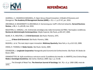 REFERÊNCIAS ALMIRALL, E.; CASADESUS-MASANELL, R. Open Versus Closed Innovation: A Model of Discovery and Divergence.  The Academy Of Management Review (AMR) , v. 35, n. 1, p.27-47, jan. 2010. ARCHIBALD, D; MCDERMOTT, R; ARCHIBALD, D. Harnessing your staff’s informal networks.  Harvard Business Review , v. 88, n. 3, p.82-89, mar. 2010. BALESTRIN, A.; VARGAS, L. M. A dimensão estratégica das redes horizontais de PMEs: Teorização e evidências.  Revista de Administração Contemporânea : Edição Especial, São Paulo, p.203-227, 2004. BLAKE, R. R.; MOUTON, J. S.  O Grid Gerencial.  São Paulo: Pioneira, 1975. ______.  O Novo Grid Gerencial.  São Paulo: Pioneira, 1986. BUGHIN, J. et al. The next step in open innovation.  Mckinsey Quarterly , New York, v. 4, p.112-122, 2008. CROSS, R. THOMAS, R.  Redes Sociais . São Paulo: Gente, 2009. EDVINSSON, L.  Longitude Corporativa:  Navegando pela Economia do Conhecimento. São Paulo: M. Books do Brasil, 2003. GRANOVETTER, M. Ação econômica e estrutura social: O problema da imersão. In: MARTES, Ana Cristina Braga.  Redes e Sociologia Econômica.  São Carlos: Edufscar, 2009.  Cap. 1, p. 31-68. ______. The Strenght of Weak Ties.  The American Journal of Sociology.  Vol. 78, n. 6, p. 1360-1380, maio de 1973. 