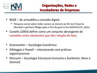 Organizações, Redes e  Incubadoras de Empresas REDE – de armadilha a conexão digital Pesquisa social sobre redes sociais se iniciam ao fim da II Guerra Mundial e ganham fôlego após o fim da guerra fria  (MARTELETO, 2001) ; Castells (2003) define como um conjunto abrangente de  conexões entre elementos que têm relação de fato ; Granovetter – Sociologia Econômica DiMaggio e Powell – relacionando com práticas organizacionais Mizruchi – Sociologia Estrutural (remonta a Durkheim, Marx e Simmel) 