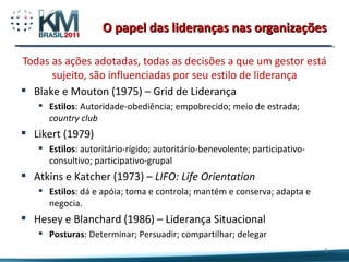 O papel das lideranças nas organizações Todas as ações adotadas, todas as decisões a que um gestor está sujeito, são influenciadas por seu estilo de liderança Blake e Mouton (1975) – Grid de Liderança Estilos : Autoridade-obediência; empobrecido; meio de estrada;  country club Likert (1979) Estilos : autoritário-rígido; autoritário-benevolente; participativo-consultivo; participativo-grupal Atkins e Katcher (1973) –  LIFO: Life Orientation Estilos : dá e apóia; toma e controla; mantém e conserva; adapta e negocia. Hesey e Blanchard (1986) – Liderança Situacional Posturas : Determinar; Persuadir; compartilhar; delegar 