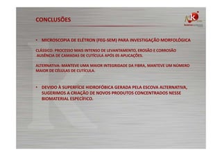 CONCLUSÕES
• MICROSCOPIA DE ELÉTRON (FEG-SEM) PARA INVESTIGAÇÃO MORFOLÓGICA
CLÁSSICO: PROCESSO MAIS INTENSO DE LEVANTAMENTO, EROSÃO E CORROSÃO
AUSÊNCIA DE CAMADAS DE CUTÍCULA APÓS 05 APLICAÇÕES.
ALTERNATIVA: MANTEVE UMA MAIOR INTEGRIDADE DA FIBRA, MANTEVE UM NÚMERO
MAIOR DE CÉLULAS DE CUTÍCULA.

• DEVIDO À SUPERFÍCIE HIDROFÓBICA GERADA PELA ESCOVA ALTERNATIVA,
SUGERIMOS A CRIAÇÃO DE NOVOS PRODUTOS CONCENTRADOS NESSE
BIOMATERIAL ESPECÍFICO.

 