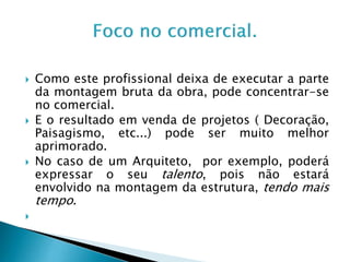 







Como este profissional deixa de executar a parte
da montagem bruta da obra, pode concentrar-se
no comercial.
E o resultado em venda de projetos ( Decoração,
Paisagismo, etc...) pode ser muito melhor
aprimorado.
No caso de um Arquiteto, por exemplo, poderá
expressar o seu talento, pois não estará
envolvido na montagem da estrutura, tendo mais
tempo.

 