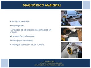 DIAGNÓSTICO AMBIENTAL




Avaliação Preliminar;

Due Diligence;

Avaliação do potencial de contaminação em
imóveis;

Investigação confirmatória;

Investigação detalhada;

Avaliação dos riscos a saúde humana.




                                    (11) 3467-7552
                               WWW.KWAMBIENTAL.COM.BR
                           KWAMBIENTAL@KWAMBIENTAL.COM.BR
 