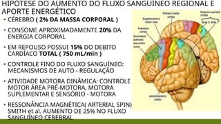 HIPÓTESE DO AUMENTO DO FLUXO SANGUÍNEO REGIONAL E
APORTE ENERGÉTICO
▪ CÉREBRO ( 2% DA MASSA CORPORAL )
▪ CONSOME APROXIMADAMENTE 20% DA
ENERGIA CORPORAL
▪ EM REPOUSO POSSUI 15% DO DEBITO
CARDÍACO TOTAL ( 750 mL/min )
▪ CONTROLE FINO DO FLUXO SANGUÍNEO:
MECANISMOS DE AUTO - REGULAÇÃO
▪ ATIVIDADE MOTORA DINÂMICA: CONTROLE
MOTOR ÁREA PRÉ-MOTORA, MOTORA
SUPLEMENTAR E SENSÓRIO - MOTORA
▪ RESSONÂNCIA MAGNÉTICA( ARTERIAL SPIN):
SMITH et al. AUMENTO DE 25% NO FLUXO
SANGUÍNEO CEREBRAL
 