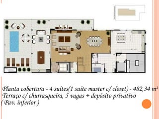 Planta cobertura - 4 suítes(1 suíte master c/ closet) - 482,34 m² Terraço c/ churrasqueira, 5 vagas + depósito privativo ( Pav. inferior ) ‏ 