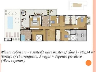 Planta cobertura - 4 suítes(1 suíte master c/ close ) - 482,34 m² Terraço c/ churrasqueira, 5 vagas + depósito privativo ( Pav. superior ) ‏ 