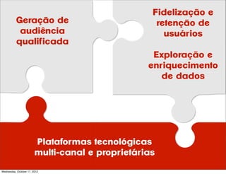Fidelização e
          Geração de                               retenção de
           audiência                                 usuários
          qualificada
                                                  Exploração e
                                                 enriquecimento
                                                    de dados




                        Plataformas tecnológicas
                        multi-canal e proprietárias
Wednesday, October 17, 2012
 