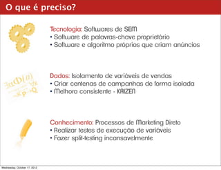 O que é preciso?

                              Tecnologia: Softwares de SEM
                              • Software de palavras-chave proprietário
                              • Software e algoritmo próprios que criam anúncios



                              Dados: Isolamento de variáveis de vendas
                              • Criar centenas de campanhas de forma isolada
                              • Melhora consistente - KAIZEN



                              Conhecimento: Processos de Marketing Direto
                              • Realizar testes de execução de variáveis
                              • Fazer split-testing incansavelmente



Wednesday, October 17, 2012
 