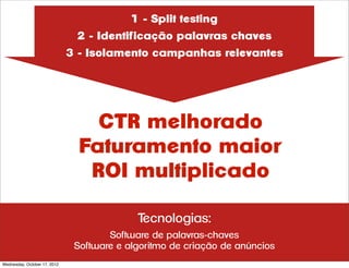 1 - Split testing
                               2 - Identificação palavras chaves
                              3 - Isolamento campanhas relevantes




       1.                         CTR melhorado
       2.                       Faturamento maior
       3.                        ROI multiplicado

                                            Tecnologias:
                                      Software de palavras-chaves
                               Software e algoritmo de criação de anúncios
Wednesday, October 17, 2012
 