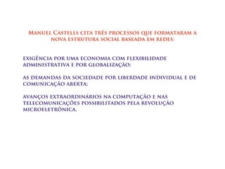 Manuel Castells cita três processos que formataram a
       nova estrutura social baseada em redes:


exigência por uma economia com flexibilidade
administrativa e por globalização;

as demandas da sociedade por liberdade individual e de
comunicação aberta;

avanços extraordinários na computação e nas
telecomunicações possibilitados pela revolução
microeletrônica.
 
