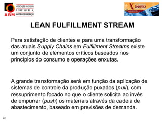LEAN FULFILLMENT STREAM
     Para satisfação de clientes e para uma transformação
     das atuais Supply Chains em Fulfillment Streams existe
     um conjunto de elementos críticos baseados nos
     princípios do consumo e operações enxutas.


     A grande transformação será em função da aplicação de
     sistemas de controle da produção puxados (pull), com
     ressuprimento focado no que o cliente solicita ao invés
     de empurrar (push) os materiais através da cadeia de
     abastecimento, baseado em previsões de demanda.
23
 