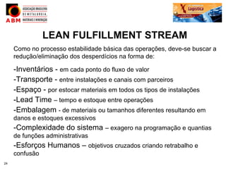 LEAN FULFILLMENT STREAM
     Como no processo estabilidade básica das operações, deve-se buscar a
     redução/eliminação dos desperdícios na forma de:

     -Inventários - em cada ponto do fluxo de valor
     -Transporte - entre instalações e canais com parceiros
     -Espaço - por estocar materiais em todos os tipos de instalações
     -Lead Time – tempo e estoque entre operações
     -Embalagem - de materiais ou tamanhos diferentes resultando em
     danos e estoques excessivos
     -Complexidade do sistema – exagero na programação e quantias
     de funções administrativas
     -Esforços Humanos – objetivos cruzados criando retrabalho e
     confusão
24
 