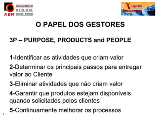 O PAPEL DOS GESTORES

    3P – PURPOSE, PRODUCTS and PEOPLE

    1-Identificar as atividades que criam valor
    2-Determinar os principais passos para entregar
    valor ao Cliente
    3-Eliminar atividades que não criam valor
    4-Garantir que produtos estejam disponíveis
    quando solicitados pelos clientes
9
    5-Continuamente melhorar os processos
 