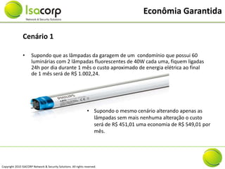 Econômia Garantida

                Cenário 1

                •     Supondo que as lâmpadas da garagem de um condomínio que possui 60
                      luminárias com 2 lâmpadas fluorescentes de 40W cada uma, fiquem ligadas
                      24h por dia durante 1 mês o custo aproximado de energia elétrica ao final
                      de 1 mês será de R$ 1.002,24.




                                                                  • Supondo o mesmo cenário alterando apenas as
                                                                    lâmpadas sem mais nenhuma alteração o custo
                                                                    será de R$ 451,01 uma economia de R$ 549,01 por
                                                                    mês.




Copyright 2010 ISACORP Network & Security Solutions. All rights reserved.
 