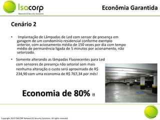 Econômia Garantida

          Cenário 2
          •       Implantação de Lâmpadas de Led com sensor de presença em
                 garagem de um condomínio residencial conforme exemplo
                 anterior, com acionamento médio de 150 vezes por dia com tempo
                 médio de permanência ligada de 5 minutos por acionamento, não
                 setorizado.
          • Somente alterando as lâmpadas Fluorecentes para Led
            com sensores de presença não setorial sem mais
            nenhuma alteração o custo será aproximado de R$
            234,90 com uma economia de R$ 767,34 por mês!




                      Economia de 80% !!

Copyright 2010 ISACORP Network & Security Solutions. All rights reserved.
 