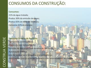 CONSUMOS DA CONSTRUÇÃO:
Consumos:
21% da água tratada;
Produz 30% da emissão de gases;
Produz 65% do total de resíduos;
Consome 42% da energia;
Exemplos Simples de Redução:
Torneiras economizadoras;
Chuveiros com temporizador;
Válvulas de descargas com escolha de 3litros e 6 litros;
Automação Elétrica;
Uso de luminárias e lâmpadas economizadoras;
Entre muitas outras soluções baratas e com retorno rápido ao cliente.
CONSTRUAVERDE
 