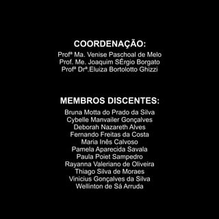 COORDENAÇÃO:
Profª Ma. Venise Paschoal de Melo
Prof. Me. Joaquim SÉrgio Borgato
 Profª Drª.Eluiza Bortolotto Ghizzi



MEMBROS DISCENTES:
  Bruna Motta do Prado da Silva
   Cybelle Manvailer Gonçalves
     Deborah Nazareth Alves
    Fernando Freitas da Costa
       Maria Inês Calvoso
    Pamela Aparecida Savala
      Paula Poiet Sampedro
  Rayanna Valeriano de Oliveira
     Thiago Silva de Moraes
   Vinicius Gonçalves da Silva
     Wellinton de Sá Arruda
 