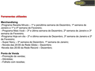 Ferramentas utilizadasFerramentas utilizadas
MerchandisingMerchandising
-Programa Receita Minuto – 1ª e penúltima semana de Dezembro, 1ª semana de
Janeiro e 1ª e 4ª semana de Fevereiro;
- Programa Mais Você – 3ª e última semana de Dezembro, 2ª semana de Janeiro e 3ª
semana de Fevereiro;
-Programa Hoje em dia - 2ª e última semana de Dezembro, 3ª semana de Janeiro e 2ª
de Fevereiro;
- Super Nany – 3ª semana de Dezembro, 1ª semana de Janeiro;
- Novela das 20:00 da Rede Globo – Dezembro;
-Novela das 20:00 da Rede Record – Dezembro;
Ponto de VendaPonto de Venda
- Promoção de vendas;
- Gôndolas;
- Folheto com receitas;
 