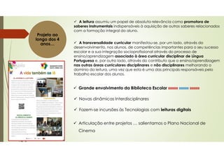 Projeto ao
longo dos 4
anos…
A leitura assumiu um papel de absoluta relevância como promotora de
saberes instrumentais indispensáveis à aquisição de outros saberes relacionados
com a formação integral do aluno.
A transversalidade curricular manifestou-se, por um lado, através do
desenvolvimento, nos alunos, de competências importantes para o seu sucesso
escolar e a sua integração socioprofissional através do processo de
ensino/aprendizagem associado à área curricular disciplinar de Língua
Portuguesa e, por outro lado, através do contributo que o ensino/aprendizagem
nas outras áreas curriculares disciplinares e não disciplinares melhorando o
domínio da leitura, uma vez que esta é uma das principais responsáveis pelo
trabalho escolar dos alunos.
Grande envolvimento da Biblioteca Escolar »»»»» »»»»» »»»»»
Novas dinâmicas Interdisciplinares
Fazem-se incursões às Tecnologias com leituras digitais
Articulação entre projetos … salientamos o Plano Nacional de
Cinema
 