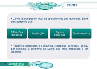  E dentro dessas categorias principais formam-se diversas subcategorias.CAUSASVários fatores podem levar ao aparecimento das leucemias. Entre eles podemos citar:
