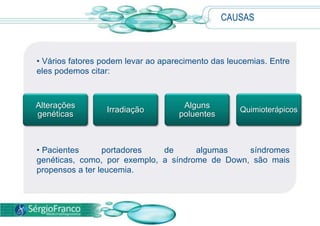 CAUSAS
• Vários fatores podem levar ao aparecimento das leucemias. Entre
eles podemos citar:
• Pacientes portadores de algumas síndromes
genéticas, como, por exemplo, a síndrome de Down, são mais
propensos a ter leucemia.
Alterações
genéticas
Irradiação
Alguns
poluentes
Quimioterápicos
 