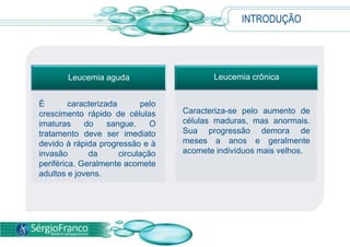 Leucemia aguda Leucemia crônica
Caracteriza-se pelo aumento de
células maduras, mas anormais.
Sua progressão demora de
meses a anos e geralmente
acomete indivíduos mais velhos.
É caracterizada pelo
crescimento rápido de células
imaturas do sangue. O
tratamento deve ser imediato
devido à rápida progressão e à
invasão da circulação
periférica. Geralmente acomete
adultos e jovens.
INTRODUÇÃO
 