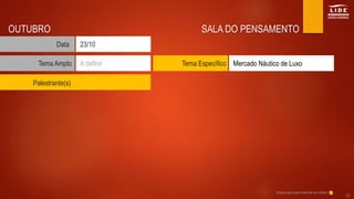 SALA DO PENSAMENTO
Tema Amplo
Data
A definir
23/10
OUTUBRO
Tema Específico Mercado Náutico de Luxo
Clique aqui para retornar ao índice
23
Palestrante(s)
 