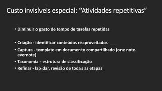 Custo invisíveis especial: “Atividades repetitivas”
• Diminuir o gasto de tempo de tarefas repetidas
• Criação - identificar conteúdos reaproveitados
• Captura - template em documento compartilhado (one note-
evernote)
• Taxonomia - estrutura de classificação
• Refinar - lapidar, revisão de todas as etapas
 