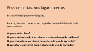 Pessoas certas, nos lugares certos
Esta tarefa não pode ser delegada.
Para tal, deve-se conhecer as competências e habilidade de cada
colaborador(a)
O que você faz bem?
O que você ainda não é excelente, mas tem desejo de melhorar?
O que você não se considera bom e tem desejo de aprender?
O que não se considera bom e não tem desejo de aprender?
 