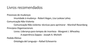 Livros recomendados
Processos de mudanças
Imunidade à mudança - Robert Kegan, Lisa Laskow Lahey
Comunicação Não-Violenta
Comunicação Não-violenta: técnicas para aprimorar - Marshall Rosenberg
Princípios Organizacionais
Livros: Liderança para tempos de incerteza - Margaret J. Wheatley
A experiência Zappos - Joseph A. Michelli
Pedido Efetivo
Ontologia del Lenguaje – Rafael Echeverria
 